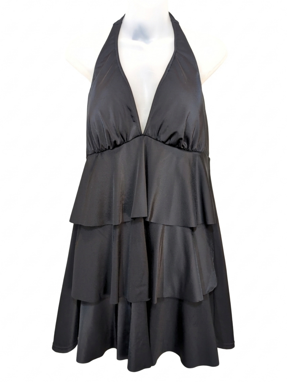 Mainstream Tiered Halter Swim Dress Size 18 Black Flattering Skirted One-Piece